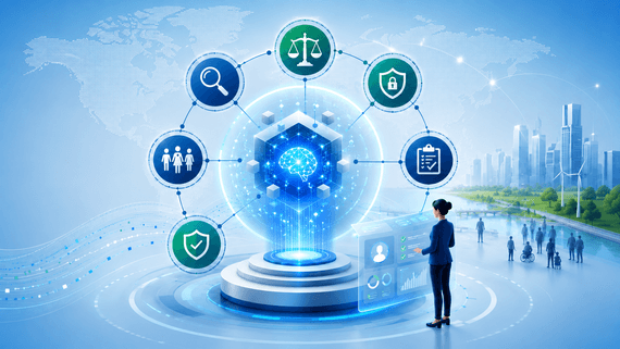 AI governance illustration showing a central AI hub connected to ethics, privacy, safety and accountability icons.