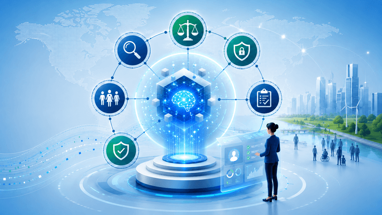 Governed AI system with connected responsible AI controls, a human reviewer and a smart city backdrop.