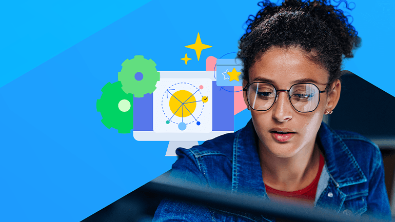 Decorative graphic with a woman with glasses