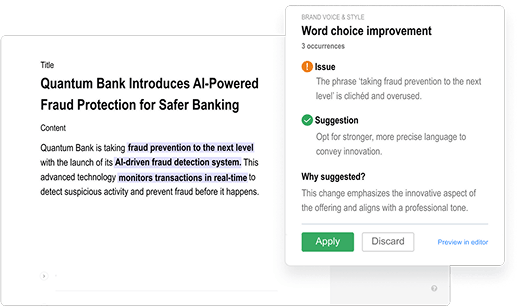 Sitefinity CMS page analysis showing an AI agent flagging overused wording in banking content and suggesting a stronger alternative with options to apply or discard the change.
