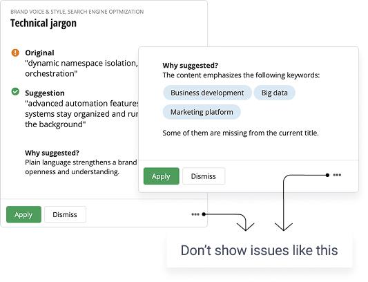 AI agent suggestions in Sitefinity CMS with controls to apply, dismiss or suppress similar recommendations.