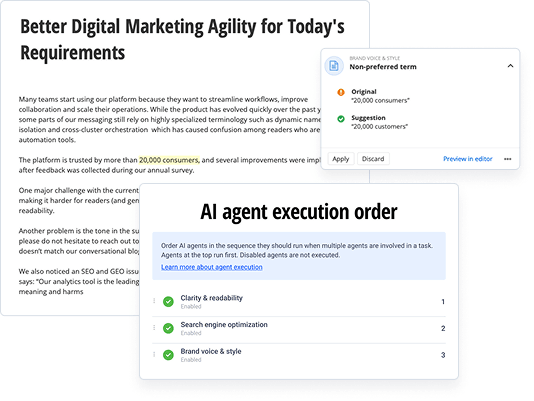 Sitefinity CMS showing a content recommendation alongside the execution order for clarity, SEO and brand voice agents, helping prevent overlapping or conflicting suggestions.
