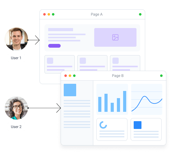 Two users interacting with separate Sitefinity pages featuring content, analytics dashboards and real-time interface updates.
