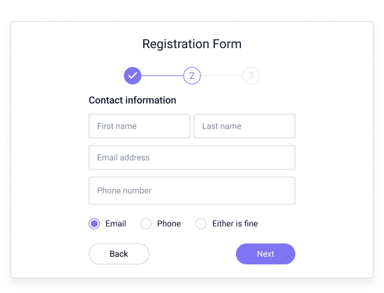 Sitefinity CMS multistep registration form showing contact information fields, step progress and back and next navigation.