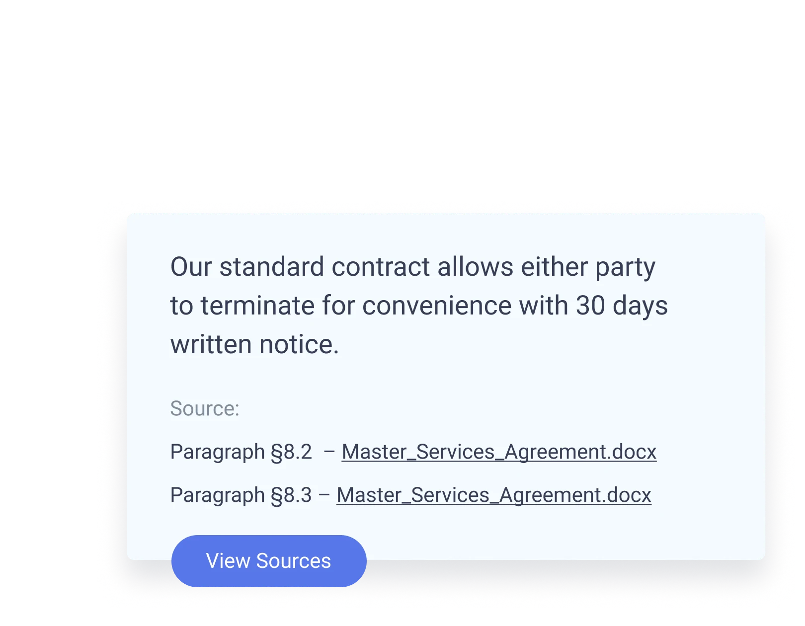 Our standard contract allows either party to terminate for convenience with 30 days written notice.=